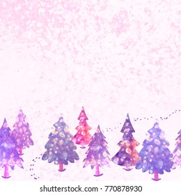 Vector colorful watercolor illustration of winter forest landscape. Hand drawn christmas card or New Year greeting card template with space for text.
