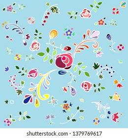 Vector colorful watercolor seamless abstract botanical ethnic pattern with roses and leaves on light blue background. Floral textile, fabric. Summer vector illustration. Flat botanical print.