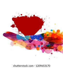 Vector Colorful Watercolor Splash Red Broken Heart in hand for decoration of posters, typography, flyers and other. Rainbow colors - yellow, red, violet, indigo, blue, pink, red, green.