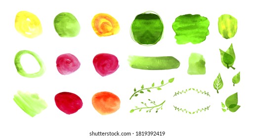 Vector Colorful Watercolor Spots and Leaves Drawings Isolated on White Background, Hand Drawn Illustration.