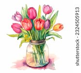 Vector colorful watercolor Tulips bouquet in a glass vase on a white background