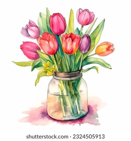 Vector colorful watercolor Tulips bouquet in a glass vase on a white background