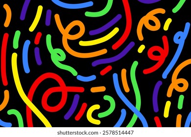 Vector colorful wavy doodle seamless pattern. Creative abstract style art symbol background for children or celebration design with basic shapes. Simple childish scribble wallpaper print.