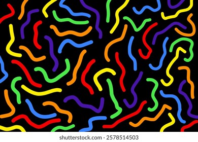 Vector colorful wavy doodle seamless pattern. Creative abstract style art symbol background for children or celebration design with basic shapes. Simple childish scribble wallpaper print.