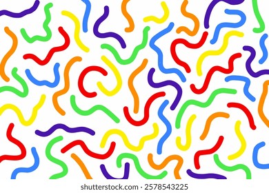 Vector colorful wavy doodle seamless pattern. Creative abstract style art symbol background for children or celebration design with basic shapes. Simple childish scribble wallpaper print.
