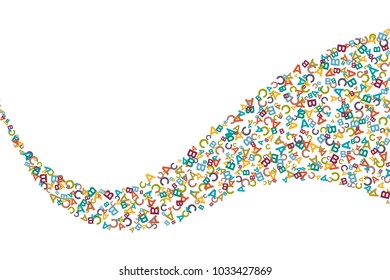 Vector colorful wavy stripe made from alphabet symbols, letters or characters in flat style