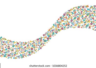 Vector colorful wavy stripe made from alphabet symbols, letters or characters in flat style