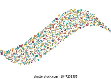 Vector colorful wavy stripe made from alphabet symbols, letters or characters in flat style
