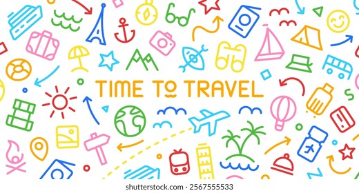 Vector colorful web banner. Road Trip. Line icons about travelling, tourism, hiking, summertime, vacation, camping, landmarks, outdoor recreation, transportation. Around the world. Time to travel.