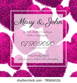 Vector colorful wedding invitation card template with fluffy hearts seamless pattern. Modern design.