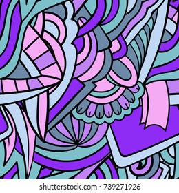 Vector colorful whimsical seamless pattern. Fancy meditative background. Boho, hippie, gypsy design. Zentangle style.