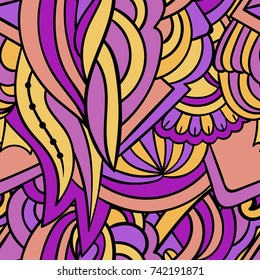 Vector colorful whimsical seamless pattern. Fancy meditative background. Boho, hippie, gypsy design. Zentangle style.