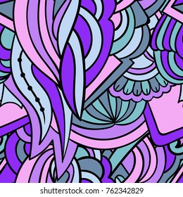 Vector colorful whimsical seamless pattern. Fancy meditative background. Boho, hippie, gypsy design. Zentangle style.