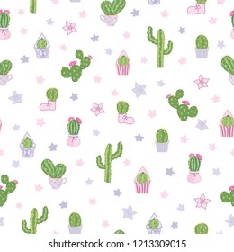 Vector colorful and white cacti tea party seamless pattern background. Cute girly design with wild and houseplant cacti in pots, boot, muffin cup. Excellent for kids room decor, fabric, wallpaper.