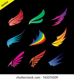 Vector colorful wing icons set on black background., vector of wing for your design.