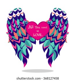 Vector Colorful Wings with Heart Message All You need is Love
