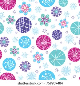 Vector colorful winter holiday abstract ornaments and snowflakes seamless repeat pattern background. Great for holiday fabric, packaging, wallpaper, gift wrap projects.