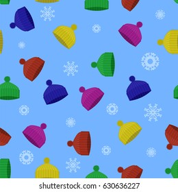 Vector Colorful Winter Knitted Hat Seamless Pattern with Snowflakes on Blue Background