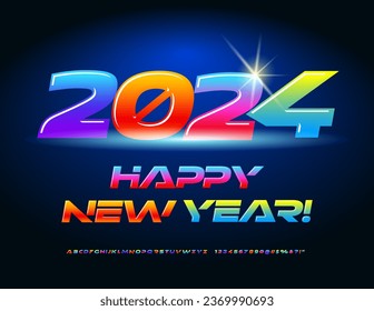 Vector colorful wish card Happy New Year 2024! Futuristic glossy Font. Bright Alphabet Letters and Numbers
