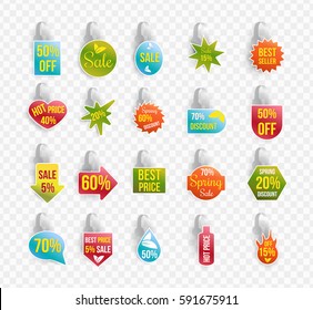 Vector colorful wobbler mockup set with transparent strip and transparent background. Sale messages templates for your hanging shelf tag design.