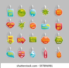 Vector colorful wobbler mockup set with transparent strip and grey background. Sale messages templates for your hanging shelf tag design.