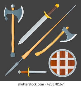 vector colorful wood textured flat design medieval various cold weapon collection shield, dagger, sword, lance, battle axes isolated illustration gray background