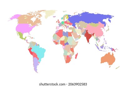 Vector Colorful World Map Isolated on White Background, High Detailed Illustration, Map Template, Blank Multicolored Background.