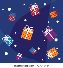 vector colorful wrapped Christmas presents on a blue background