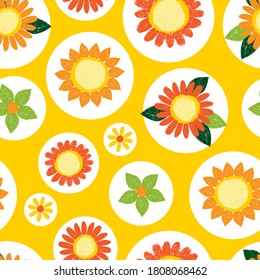 Vektorfarbige gelbe Polka-Punkte mit strukturierten Sonnenblumen Stift-Skizze Wiederholung Muster. Geeignet für Textilien, Geschenkverpackungen und Tapeten.