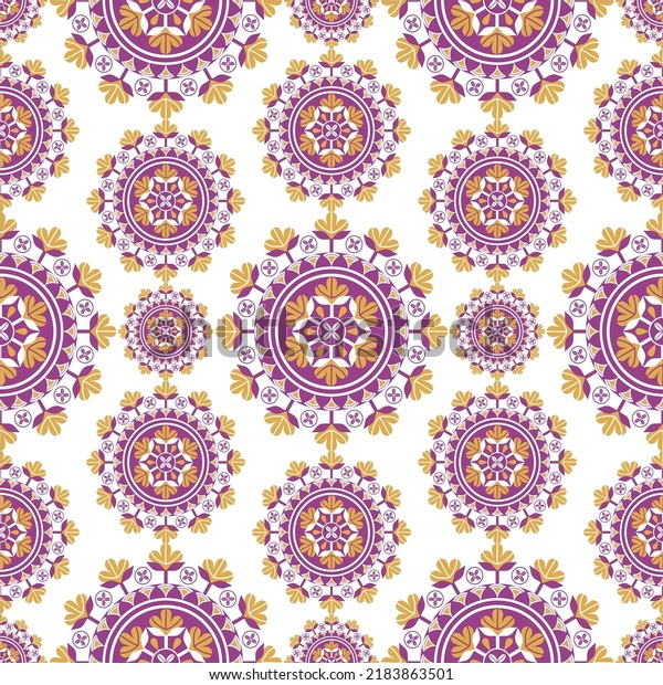 Vector colorful yellow-purple ethnic circle flower random shape seamless pattern background. Use for fabric, textile, interior decoration elements, upholstery, wrapping.