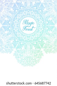 Vector colorful zentangle mandala banner. Template for printing, web design, poster, banner, flyer. Adult anti stress printable coloring book page. Hand lettering magic forest