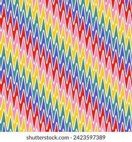 Vector colorful zigzag seamless pattern. Funky texture with diagonal zig zag lines, waves, stripes, chevron. Simple abstract geometric background. Funny childish bright pattern. Repeating geo design