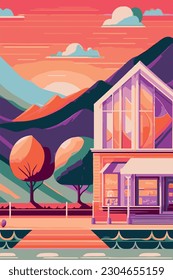 Vector colorfull building house landscape background sunset mouintains and trees - summer can use for greeting card, poster 