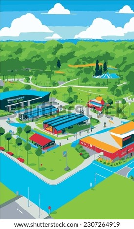 Vector colorfull buildings park landscape backgroundsunset mouintains and trees - summer can use for greeting card, poster flyer 
