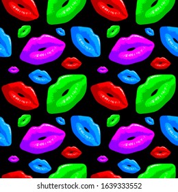 Vector colorfull lips on black background. seamless pattern