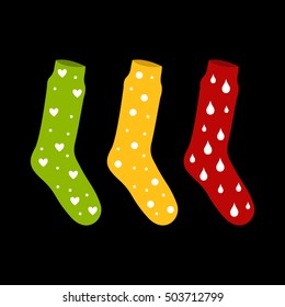 Vector colorfull socks with a pattern drops and bubbles hearts on black