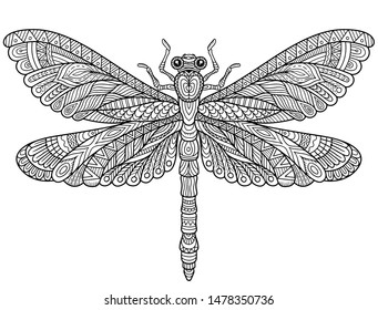 Vector coloring for adults with detailed ornament. Contour black and white stylized dragonfly image with openwork wings for coloring and relaxation