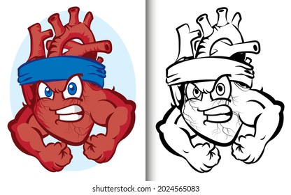 Vector coloring for adults. Funny strong heart character