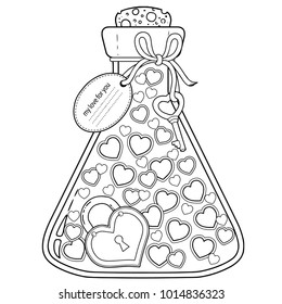 Vector coloring for adults  Valentine's Day  My love for you  Isolated elements  Valentines closed in glass bottle