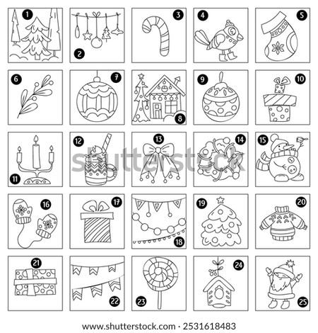 Vector coloring advent calendar for Christmas. Cute simple pictures for easy coloring and children's creativity