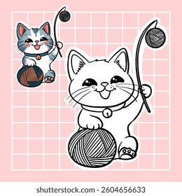 vector coloring or anime sticker of cute cat playing with wool ball