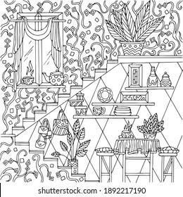 Antiestrés vectorial con elementos interiores, ventana, mesa, sillas, papel pintado, flores, bolsos, escaleras, tazas, hervidor, plato, mantel, cortinas, mesa. Ilustración vectorial para la terapia artística.