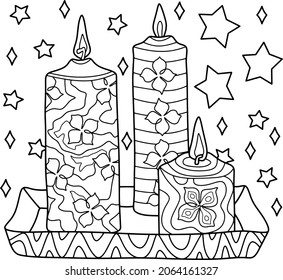 Vector coloring antistress page for adults and children. Festive candles in a square plate surrounded by stars