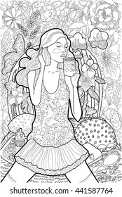  vector coloring beautiful girl drinking tea and dreaming about vacation
