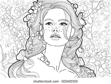 vector coloring beautiful girl with pigtails in the blooming and ripe cherries