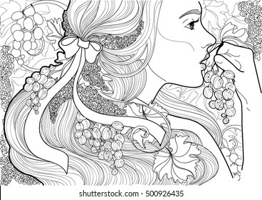 vector coloring beautiful girl with a ribbon in her hair and vine eating grapes 