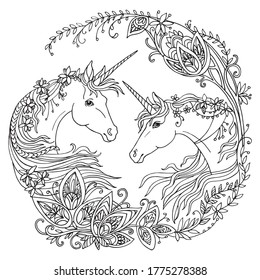 Vector coloring beauty two unicorns with long manes in circle floral composition. Anti stress freehand sketch drawing with tangle elements. For adult coloring book pages, stickers, design and tattoo. 