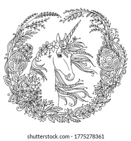 Vector coloring beauty unicorn with long mane in circle floral composition.Anti stress freehand sketch drawing with tangle elements.For adult coloring book pages, stickers, design and tattoo. 