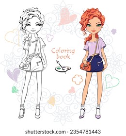 Vector Coloring Book 5 of Cute beautiful redhead girl