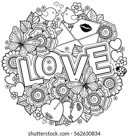 Vector coloring book for Adult.  Design for wedding invitations and Valentine's Day  of abstract flowers, hearts, envelope, arrow, heart, bird, kiss, butterfly